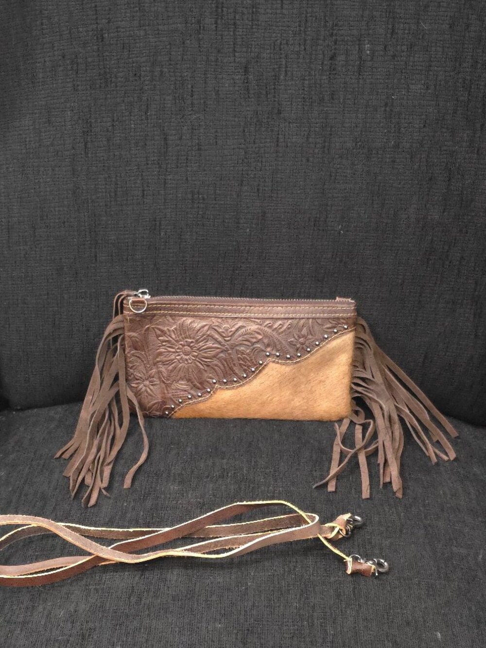 Montana West Hair-On Cowhide Brown and Tan Fringe Crossbody Clutch Bag